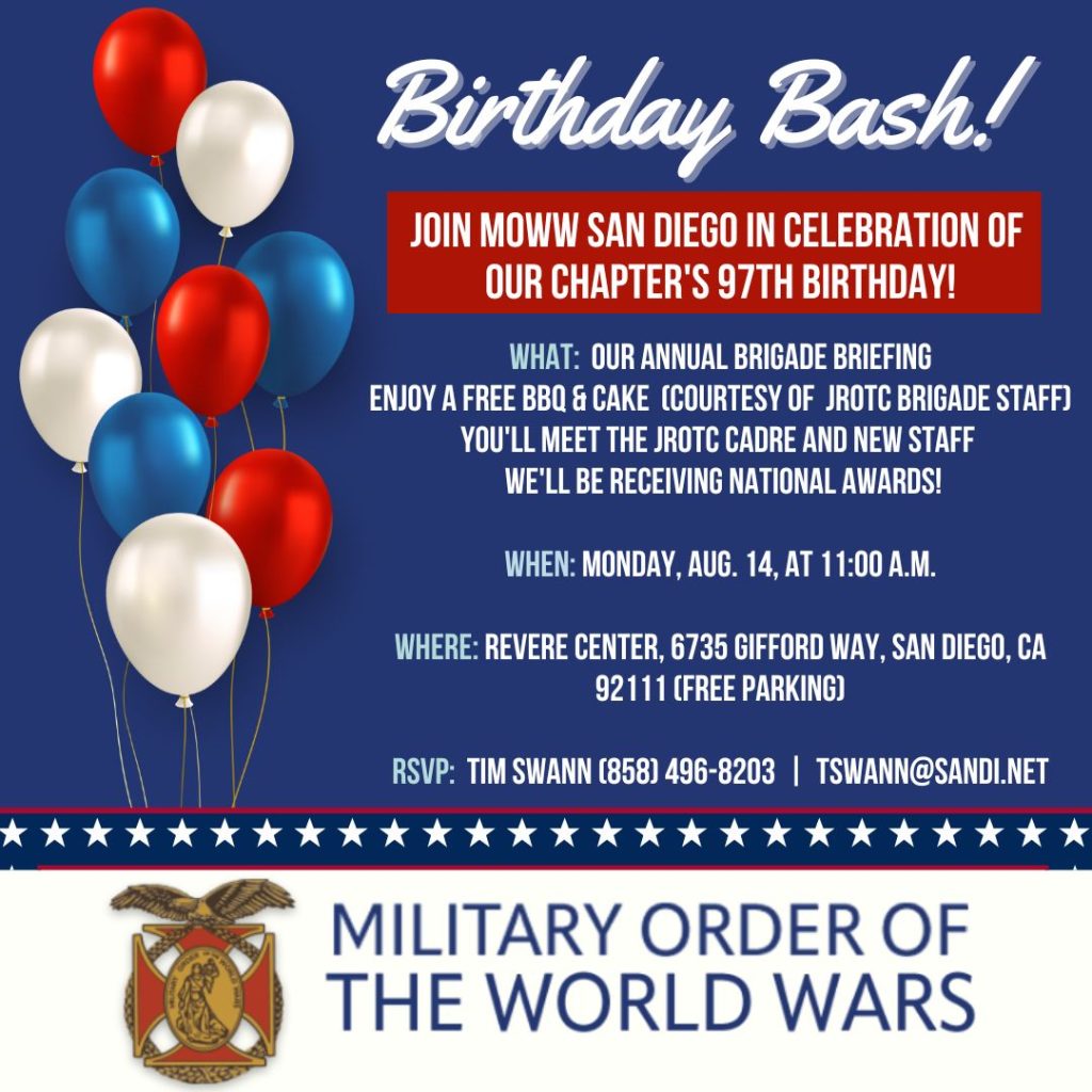 Birthday Bash
Monday, August 14 at 11:00 a.m.
Revere Center, 6735 Gifford Way, San Diego, CA 92111
RSVP Tim Swann 858-496-8203 tswann@sandi.net